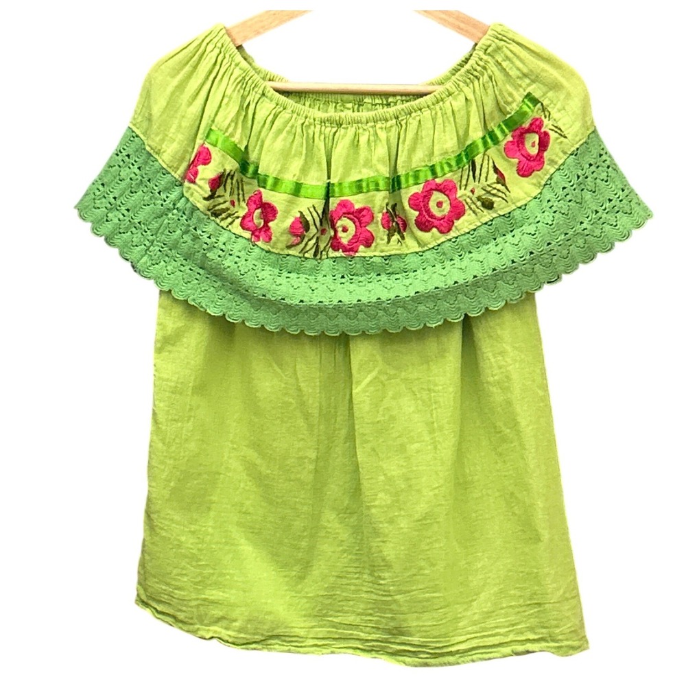Vintage Mexican Peasant Blouse Boho Folk Floral Embroidery Lime Green